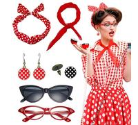 Cerchietto a pois, con fasce a pois, da donna, set di 6 pezzi di orecchini pendenti e fasce per capelli anni '50, con sciarpa in chiffon vintage a pois, occhiali per ragazze