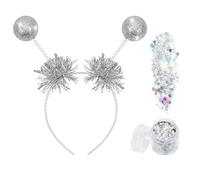 Cerchietto Alieno con 2 Palline Glitterate Argento, Glitter Olografico, Fascia Aliena con Antenna, Alien Costume Accessori per Carnevale Halloween Cosplay Party