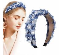 Cerchietto Annodato Blu con Pietre e Perle, Fascia Larga Elegante | Struttura Elastica Regolabile, Resta Fermo, per Cura del Viso e Routine Quotidiana, Include 1 Fascia