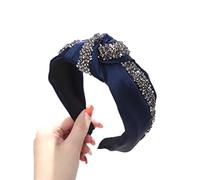 Cerchietto annodato con strass, larghezza 4 cm, elastico, in tessuto, per spose, con brillantini, per capelli, per donne, trucchi, matrimoni e tutti i giorni, blu