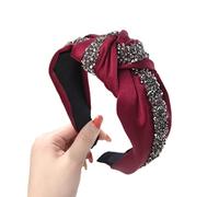 Cerchietto annodato con strass, larghezza 4 cm, elastico, in tessuto, per spose, con brillantini, per donne, trucchi, matrimoni e tutti i giorni, rosso