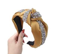 Cerchietto annodato, con strass, larghezza 4 cm, elastico, in tessuto, per spose, con brillantini, per donne, trucchi, matrimoni e tutti i giorni, colore giallo