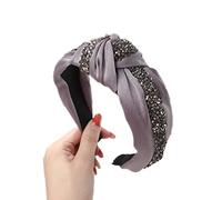 Cerchietto annodato con strass, larghezza 4 cm, elastico, in tessuto, per spose, con brillantini, per donne, trucchi, matrimoni e tutti i giorni, grigio