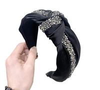 Cerchietto annodato, con strass, larghezza 4 cm, elastico, in tessuto, per spose, con brillantini, per donne, trucchi, matrimoni e tutti i giorni, colore nero