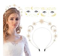Cerchietto Capelli Stelle Luna, Stelle Sole Luna Cerchietto Capelli Oro, Stella Fascia per Capelli con 2 Tatuaggi di Faccia Stelle Luna, Cerchietto Stelle per Compleanno Feste, Matrimoni