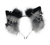 Cerchietto con orecchie di gatto, Copricapo con orecchie pelose con cuore in metallo e decorazione a catena, Orecchie Therian punk gotico, Fascia per capelli con orecchie di animali per costume cospla