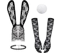 Cerchietto con Velo a Orecchie da Coniglio Choker Girocollo in Pizzo Nero Guanti Lunghi in Pizzo Coda di Coniglio Accessori di Costume di Coniglietta per Donna Festa di Cospaly
