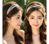 Cerchietto da donna con tre file di perle sfalsate, avvolto a mano, in perle finte, elegante accessorio per capelli per tutti i giorni, ufficio, matrimoni, damigelle d'onore e feste, come regalo