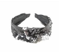 Cerchietto da donna in raso nero con paillettes luccicanti, accessorio per feste di Natale e serate, con nodo superiore attorcigliato (nero argento)