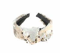 Cerchietto da donna in raso nero con paillettes luccicanti, accessorio per feste di Natale, serate, nodo superiore intrecciato (oro bianco)