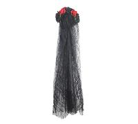 Cerchietto di Halloween Fascia rose con velo nero lungo Corona per Capelli Fiori Copricapo del Dia De Los muertos per giorno dei morti matrimonio damigella d'onore sposa (Rosso)