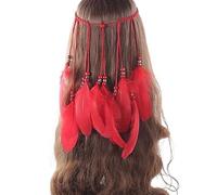 Cerchietto for capelli con piume Boho for donna, fascia for capelli con piume e nappa for festival indiano, gioielli for capelli etnici, accessori for capelli(Rosso)