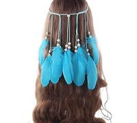 Cerchietto for capelli con piume Boho for donna, fascia for capelli con piume e nappa for festival indiano, gioielli for capelli etnici, accessori for capelli(Blue)