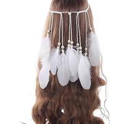 Cerchietto for capelli con piume Boho for donna, fascia for capelli con piume e nappa for festival indiano, gioielli for capelli etnici, accessori for capelli(Bianca)