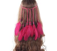 Cerchietto for capelli con piume Boho for donna, fascia for capelli con piume e nappa for festival indiano, gioielli for capelli etnici, accessori for capelli(Rosa)