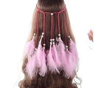 Cerchietto for capelli con piume Boho for donna, fascia for capelli con piume e nappa for festival indiano, gioielli for capelli etnici, accessori for capelli(pink)