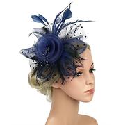 Cerchietto for capelli con rete e piume, fermaglio for capelli con fiori in rete, accessori for capelli da cocktail for matrimonio, fascia for il tè(B-navy blue)