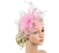Cerchietto for capelli con rete e piume, fermaglio for capelli con fiori in rete, accessori for capelli da cocktail for matrimonio, fascia for il tè(pink)