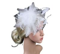 Cerchietto for capelli con rete e piume, fermaglio for capelli con fiori in rete, accessori for capelli da cocktail for matrimonio, fascia for il tè(B-white)