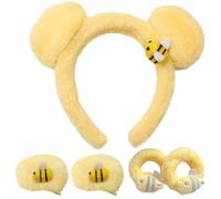 Cerchietto giallo con orecchie di orso in peluche con simpatica ape, morbida fascia elastica con orecchie di animale da donna, fascia elastica per capelli in peluche con elastici per capelli