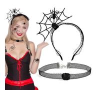 Cerchietto Halloween Cerchietti Ragno Zucca Cranio Orecchie Minnie Fascia Collana Capelli Accessori Costume Adulti Masquerade Decorazione Fascia Collana Cosplay (Collare rose + Cerchietti ragno)