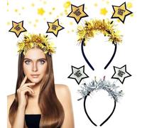 Cerchietto Happy New Year, 2 Pezzi Cerchietti Capodanno 2025 Headdress Hairband New Year, Party Headband with Feathers and Stars, Silver Rhinestone Glittering New Year's Eve Party Hair Accessories