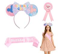 Cerchietto orecchie Topolino bambina 3 pezzi set compleanno cosplay rosa azzurro con fiocco paillettes badge e nastro per feste travestimenti