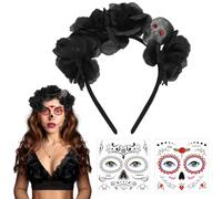Cerchietto per capelli a forma di teschio con rose, Dia de Muertos, copricapo da donna con teschio e fiore nero, tatuaggio temporaneo, per il giorno dei morti, Halloween, carnevale