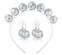 Cerchietto per capelli a sfera da discoteca, con 2 paia di orecchini a sfera da discoteca, da discoteca, per carnevale, feste in costume da discoteca, acciaio inox