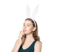 Cerchietto per capelli con orecchie di coniglio, con piume, orecchie di coniglio, per capelli, per matrimonio, feste, balli, cosplay, maschera, bianco