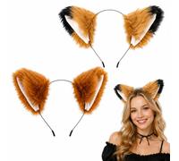 Cerchietto per capelli con orecchie di volpe marrone, 2 pezzi | Cerchietto con orecchie di volpe per Halloween, decorazione con orecchie nere e marroni, costume per Halloween a tema animale