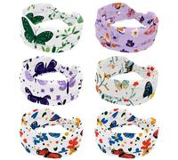 Cerchietto per capelli con sfondo viola colorato con farfalla e fiore, 6 pezzi, fascia elastica per capelli annodata, fascia per capelli vintage, per uso quotidiano, yoga, allenamento