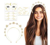 Cerchietto per capelli con stelle, 4 pezzi, a doppio strato, con 3 tatuaggi per il viso, con strass, per carnevale, festival musicali, matrimoni, compleanni, giochi di ruolo