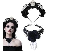 Cerchietto Per Capelli Con Teschio Halloween Girocollo Nero Vintage con | Set Fascia Capelli Con Girocollo Alla Vampiro Per Il Giorno Dei Morti E Il Ballo Di Fine Anno