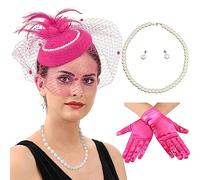 Cerchietto per capelli da donna, 1 set con velo in rete e cappello, con orecchini di perle, collana e guanti, per Halloween, cosplay, feste di fine anno