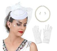 Cerchietto per capelli da donna, 1 set con velo in rete e cappello, con orecchini di perle, collana e guanti, per Halloween, cosplay, feste di fine anno