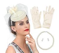 Cerchietto per capelli da donna, 1 set con velo in rete e cappello, con orecchini di perle, collana e guanti, per Halloween, cosplay, feste di fine anno