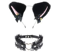 Cerchietto per capelli da donna, con orecchie di gatto, cerchietto con orecchie di coniglio, set con cuore in pelle, collana girocollo per cosplay con orecchie di gatto