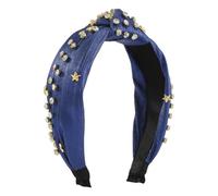 Cerchietto per capelli da donna e ragazza, a cinque punte, con perline a tesa larga, annodato, in tessuto con paillettes, blu scuro