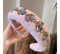 Cerchietto per capelli da donna in finta pelliccia, con applicazioni in strass, morbida, spessa, imbottita, soffice, rosa