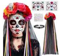 Cerchietto per Halloween Dia de Los Costume da donna Messicano Teschio Giallo Arancione Fiore Teschio Fiore Tatuaggio Viso Collare e Adesivi Diamanti, Halloween Giorno dei Morti Copricapo Donna