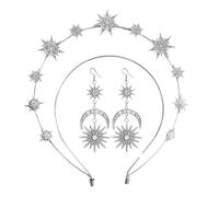 Cerchietto stella sei punte doppio sole luna con orecchini lunghi scintillanti cristalli lusso accessori orecchie (Silver, One Size)
