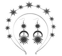 Cerchietto stella sei punte doppio sole luna con orecchini lunghi scintillanti cristalli lusso accessori orecchie (Black, One Size)