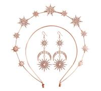Cerchietto stella sei punte doppio sole luna con orecchini lunghi scintillanti cristalli lusso accessori orecchie (Rose Gold, One Size)