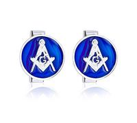 Cerchio Rotondo Disco Massoni Bussola Simbolo Gemelli Massonici Per Gli Uomini Royal Blue Smalto Due Tono 925 Sterling Silver Cerniera Proiettile Indietro