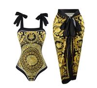 Cerdexon Costume Intero da Donna con Copricostume da Spiaggia con Gonna Avvolgente Sarong retrò Stampa Floreale Set Bikini, Oro e Nero., L