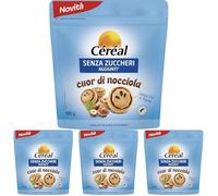 CÉRÉAL SENZA ZUCCHERI Cuor di Nocciola, Biscotti senza zuccheri aggiunti, Con crema di nocciola e cacao, Confezione salva freschezza, 180gr (Confezione da 4)