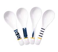 Cerficer Set di 4 cucchiai da zuppa in ceramica giapponese, 14 cm, dipinti a mano, motivo geometrico, con foro per appenderlo, per zuppa di miso, ramen, pho, riso e dessert, adatti al microonde e alla