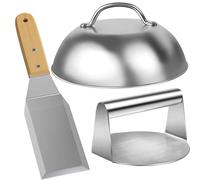 Cerkkapo Pressa per hamburger in acciaio inox, 3 pezzi, per deliziose | Il set include 1 pressa per hamburger, 1 campana per hamburger, 1 spatola, accessorio per barbecue lavabile in lavatrice