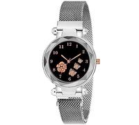 CERO Orologio analogico da donna con cinturino Mgnetic con quadrante a farfalla e fiore, argento, Moderno